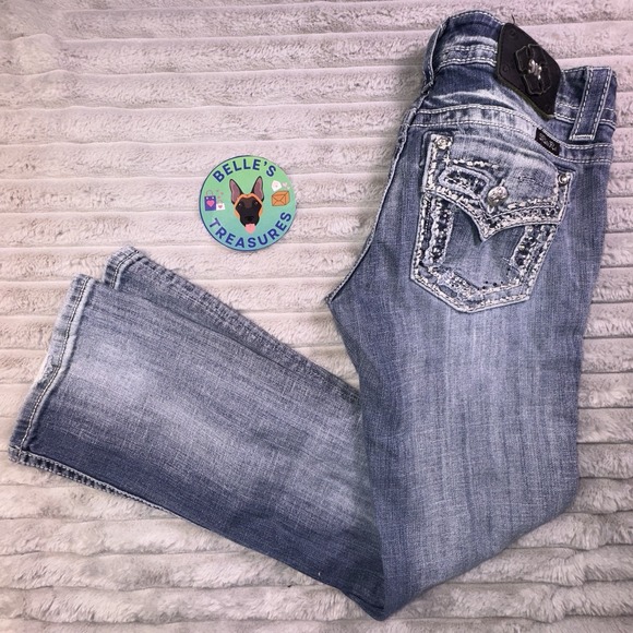 Miss Me Jeans Women's 27 Easy‎ Boot Rhinestone Flap Pocket Thick Stitch Stretch - Picture 1 of 12